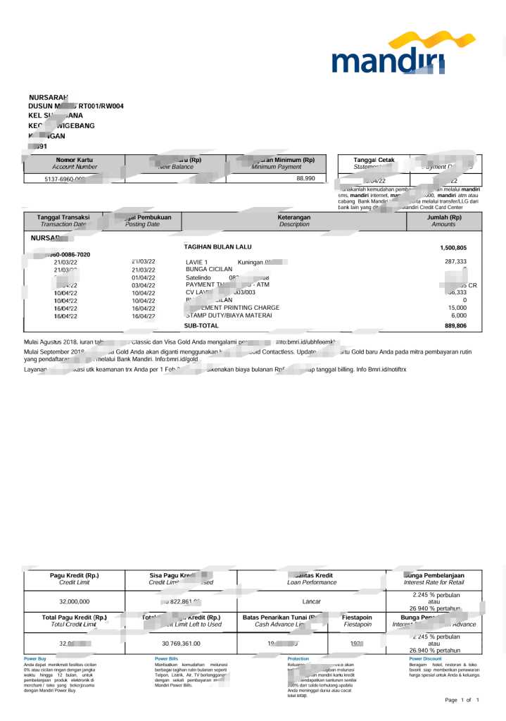 印尼曼迪利信用卡账单模板（Word 和 PDF 格式）