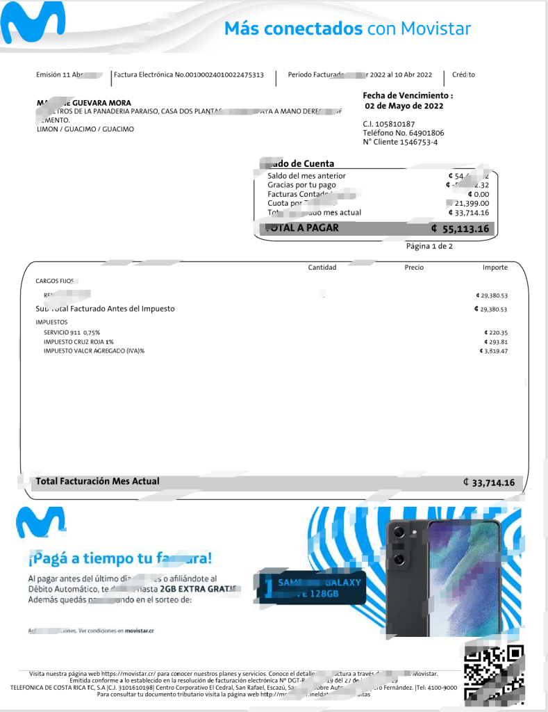 哥斯达黎加 Movistar（西班牙电信）电子发票模板（Word 和 PDF 格式）