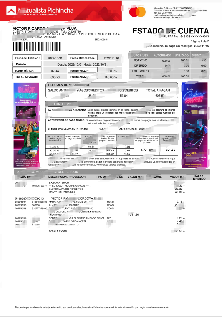 厄瓜多尔互助银行皮钦查银行对账单模板