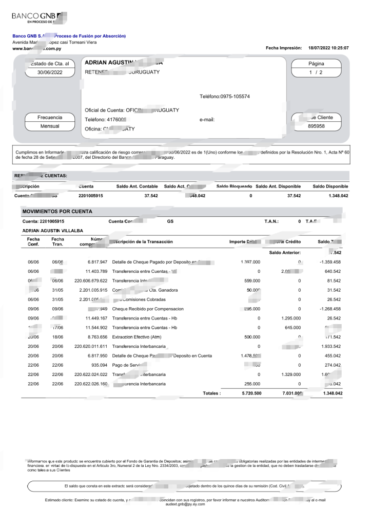 巴拉圭 GNB 银行对账单模板（Word 和 PDF 格式）