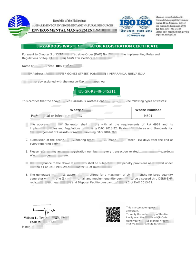 菲律宾环境与自然资源部危险废物产生者登记证书 Word 和 PDF 模板