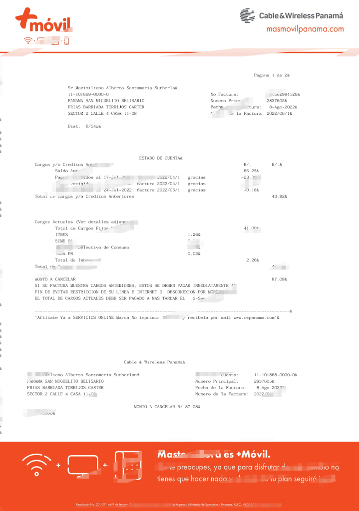 巴拿马有线无线公司（巴拿马）公用事业账单 Word 和 PDF 模板（2 页）