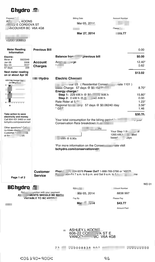 加拿大不列颠哥伦比亚省水电公用事业账单Word及PDF模板（2页）