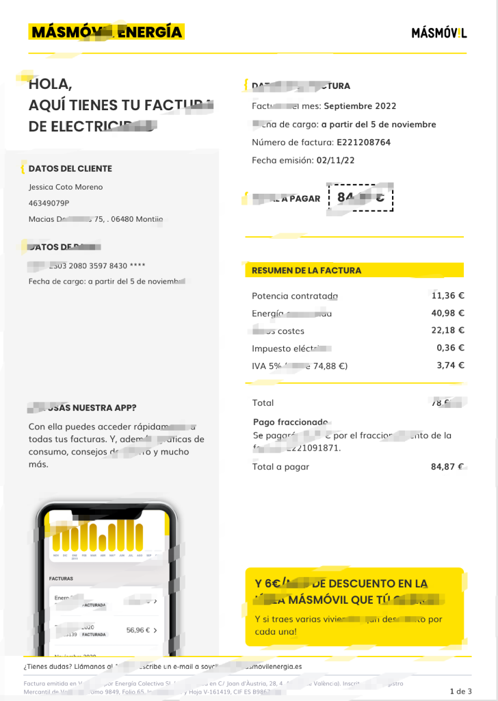 西班牙 MasMovil Energia 公用事业账单 Word 和 PDF 模板（3 页）