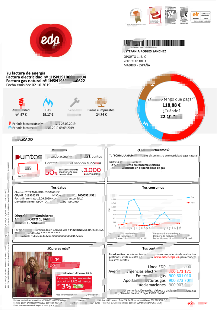 西班牙EDP水电费账单模板