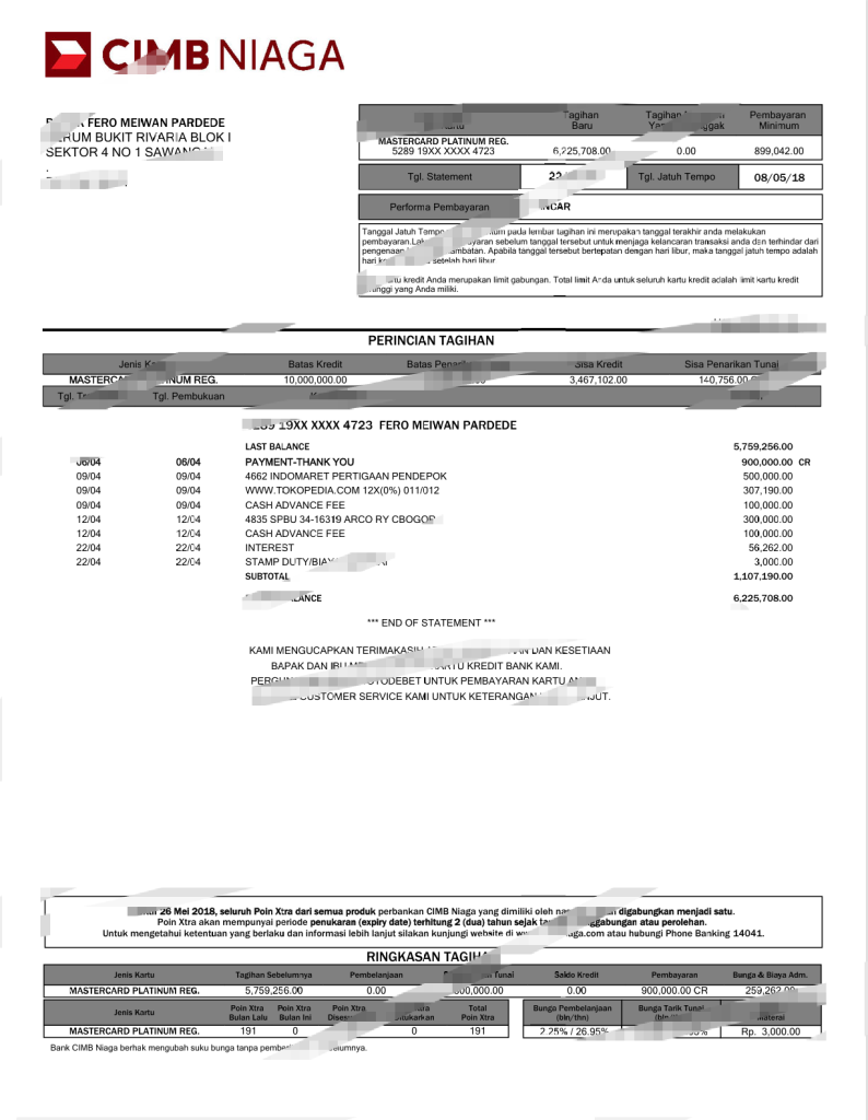 印度尼西亚CIMB 尼亚加银行对账单模板