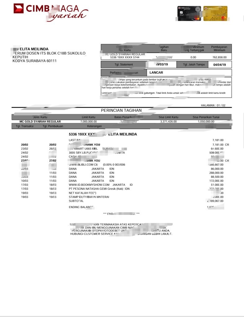 印度尼西亚CIBIM Niaga信用卡对账单模板