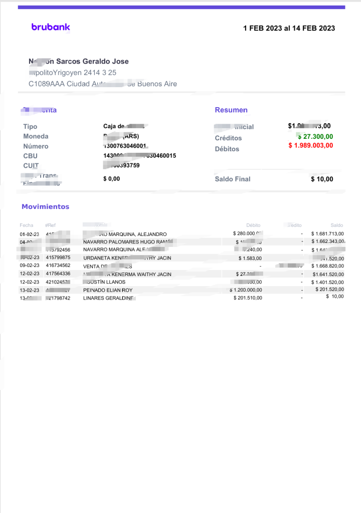 阿根廷Brubank账户对账单模板（Word和PDF格式）
