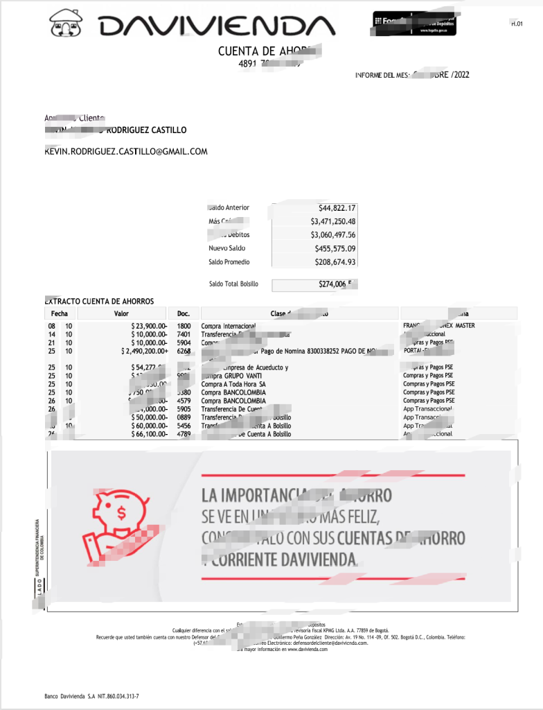 哥伦比亚达维维恩达银行账户对账单模板