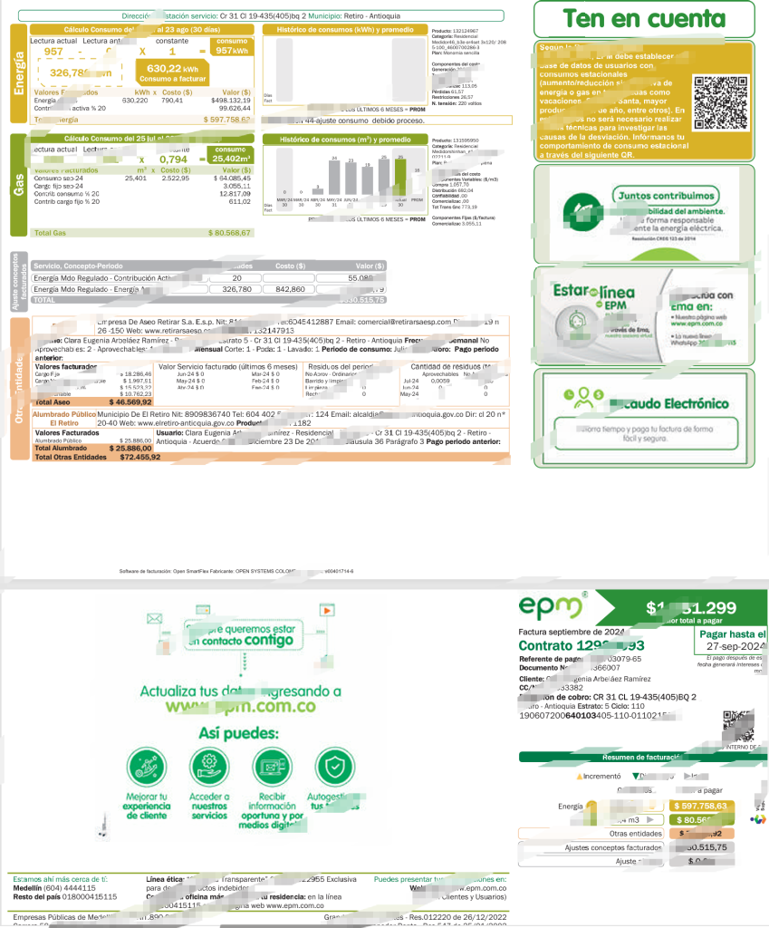 哥伦比亚电力公司（EPM）电力公用事业账单模板，Word和PDF格式