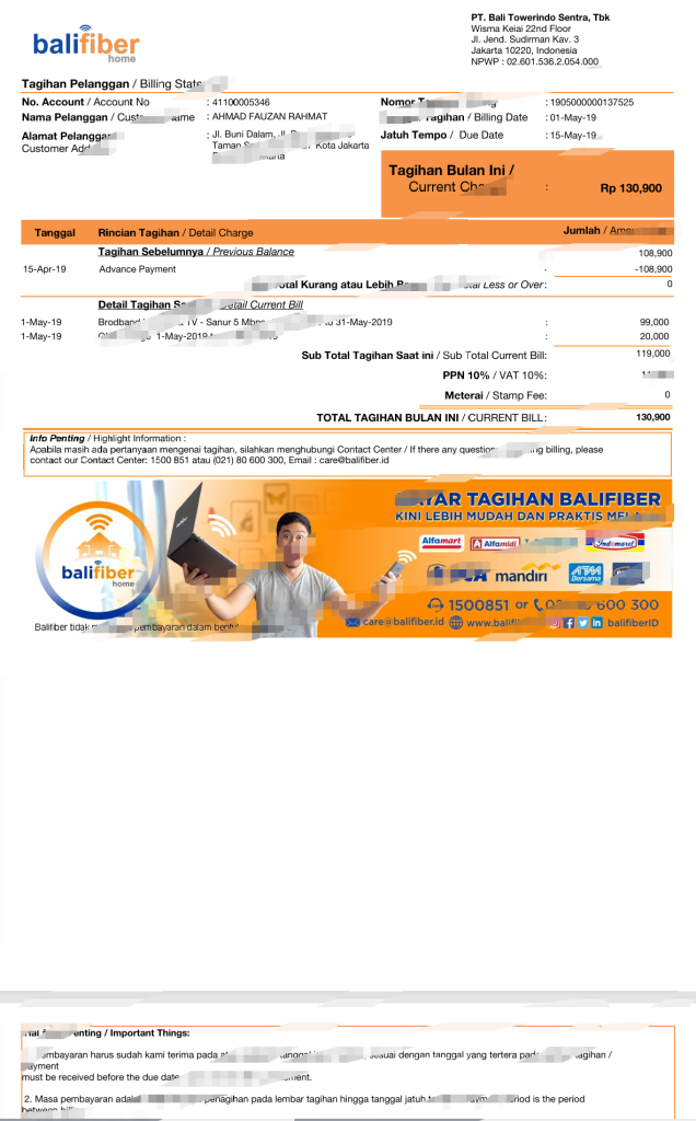 印尼巴厘光纤水电费账单模板，提供Word和PDF格式