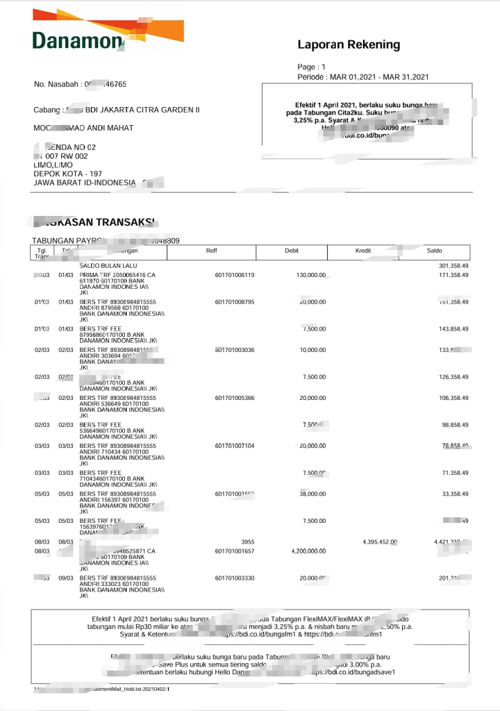 印度尼西亚银行Danamon Tabungan工资单——Word和PDF格式的《Rekening Koran》模板