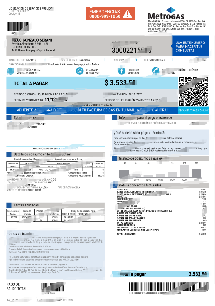 阿根廷MetroGAS公用事业账单（Word和PDF格式）