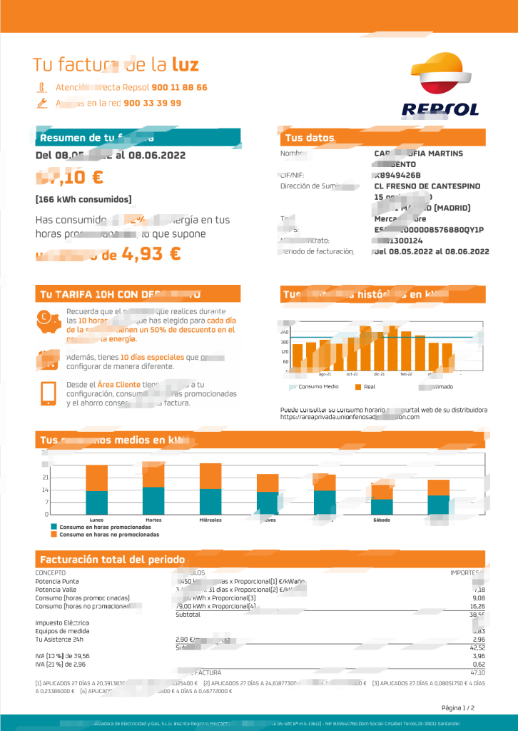 西班牙 Repsol 电力公用事业账单 Word 和 PDF 模板（2 页）