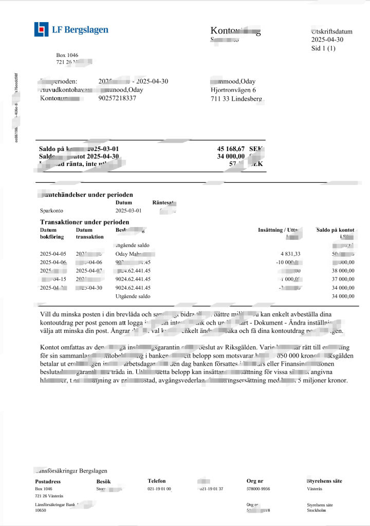 瑞典 Länsförsäkringar Bank AB Kontoutdrag Word 和 PDF 格式模板