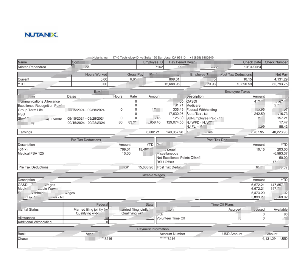 美国 Nutanix 工资单 Word 和 PDF 模板