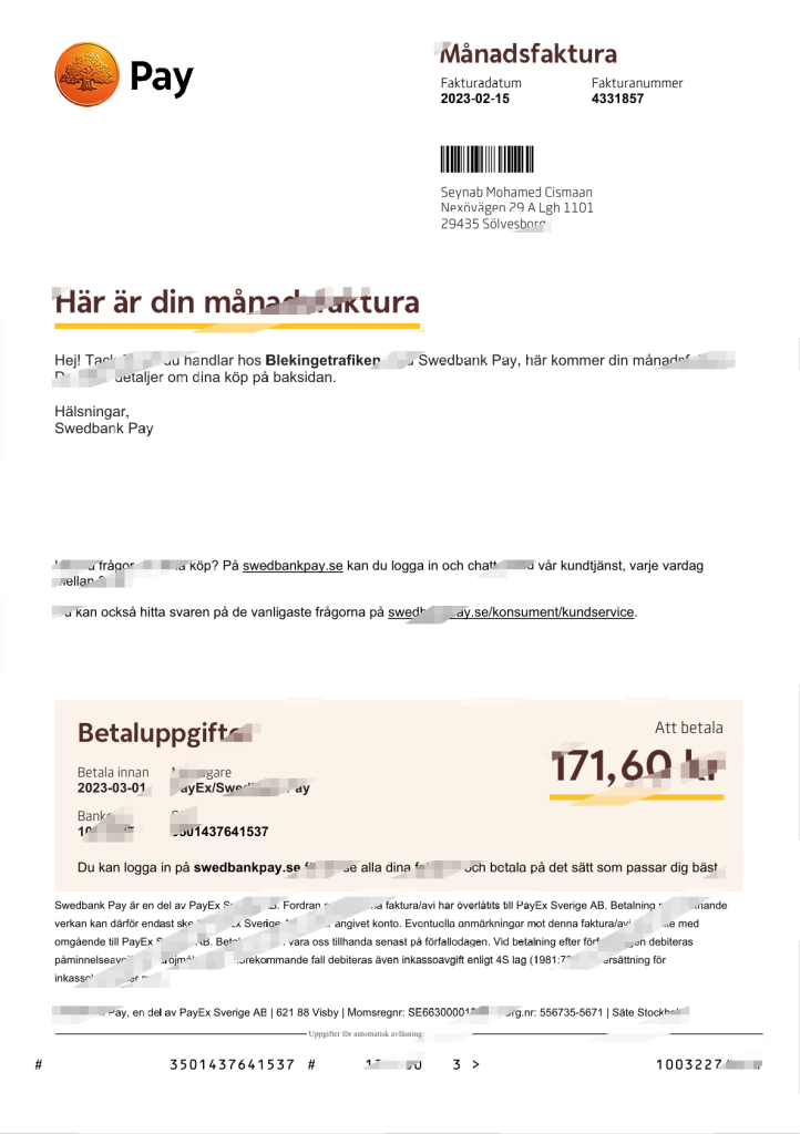 瑞典 Swedbank 月度付款发票 Word 和 PDF 模板（2 页）