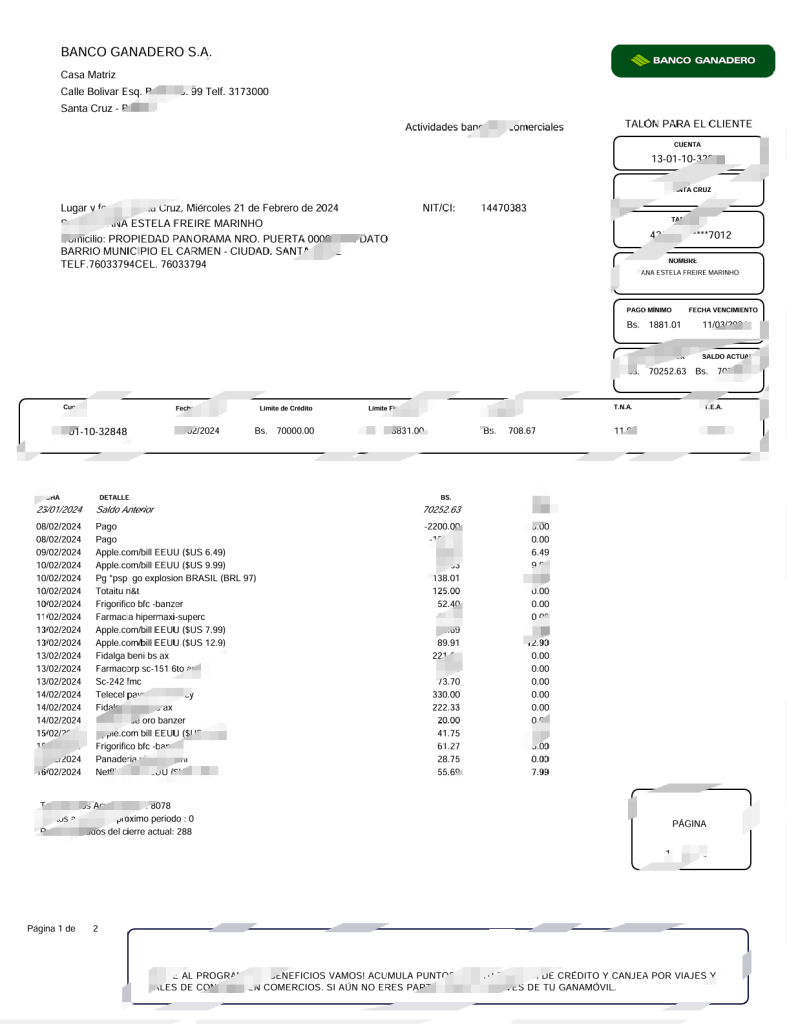 玻利维亚 Banco Ganadero 信用卡账单 Word 和 PDF 模板（2 页）