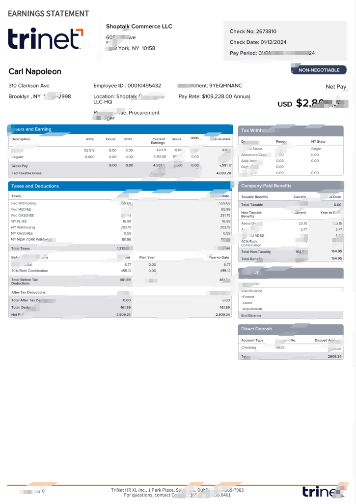美国 TriNet 收益报表 Word 和 PDF 模板