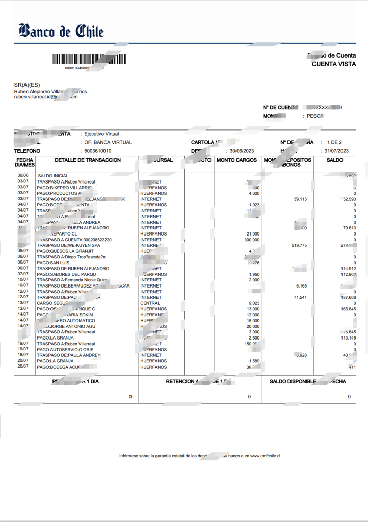 Estado de cuenta Banco de Chile （EJECUTIVO DE CUENTA） PDF 格式