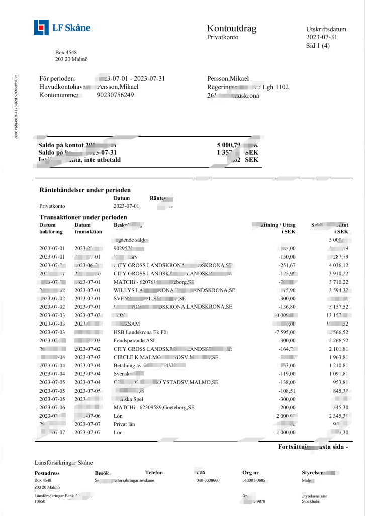 瑞典 Länsförsäkringar 银行账户对账单 Word 和 PDF 模板（4 页）
