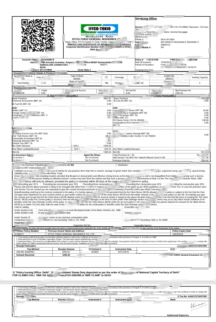 印度IFFCO-TOKIO私家车保险证明PSD模板