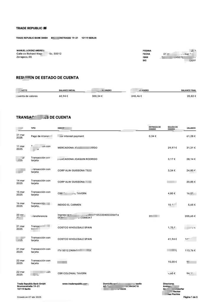 德国贸易共和国银行对账单 Word 和 PDF 模板（3 页）