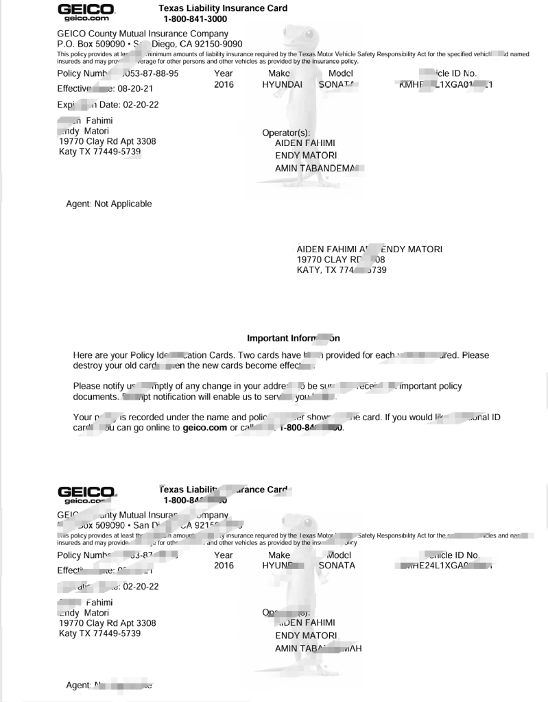 德克萨斯州 GEICO 责任保险卡模板（Word 和 PDF 格式）