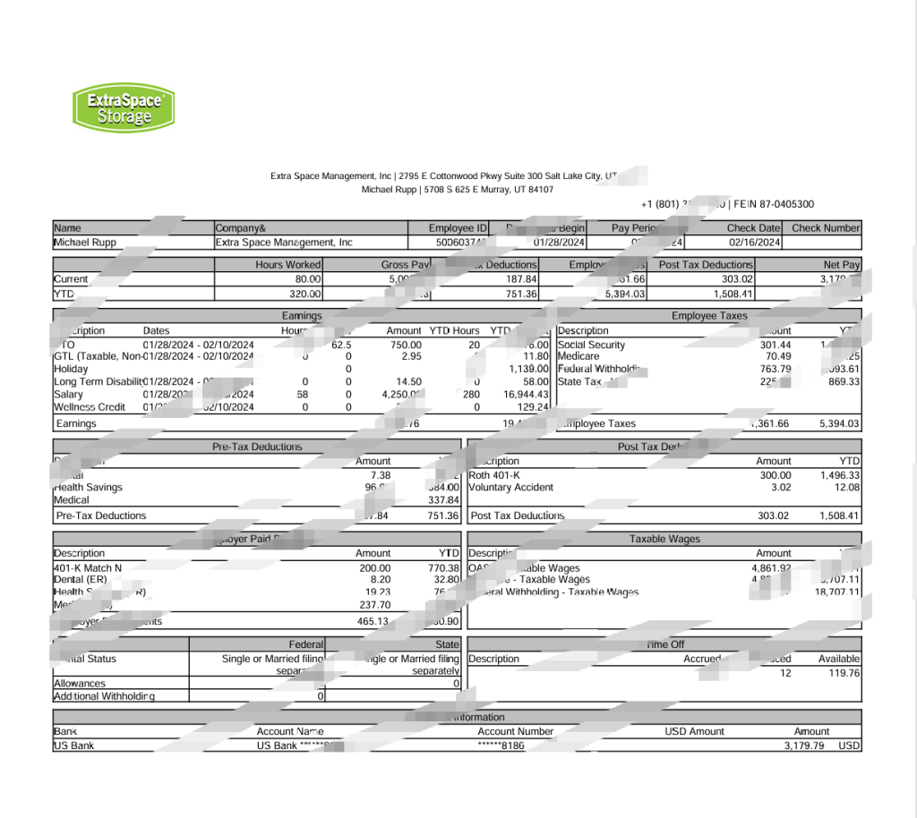 美国额外空间管理工资单 Word 和 PDF 模板（2 页）
