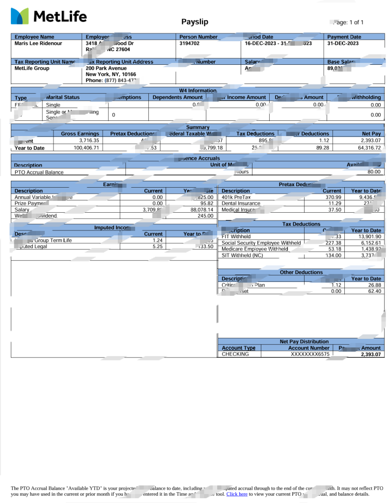 美国大都会人寿工资单 Word 和 PDF 模板