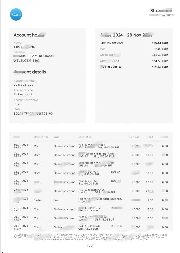 希腊阿尔法银行i卡信用卡账单Word和PDF模板（2页）