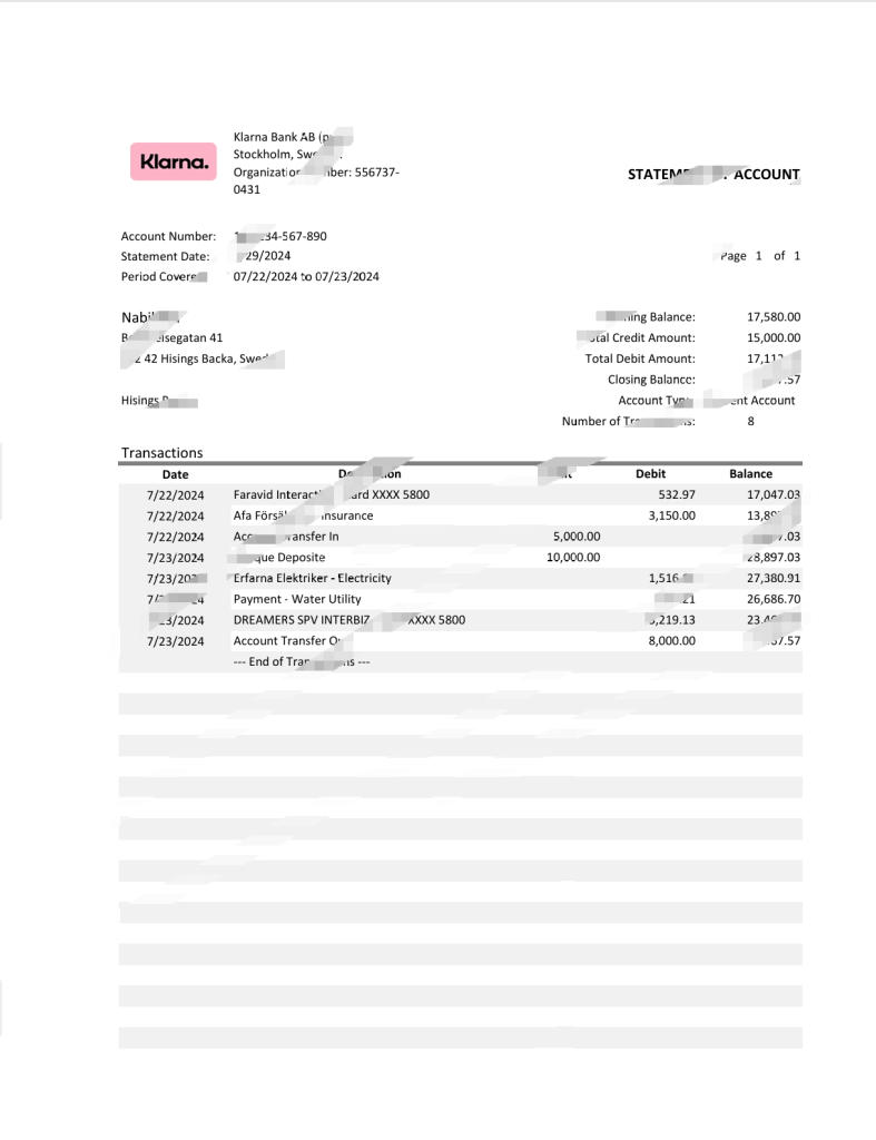 德国 Klarna 银行账户对账单 Word 和 PDF 模板