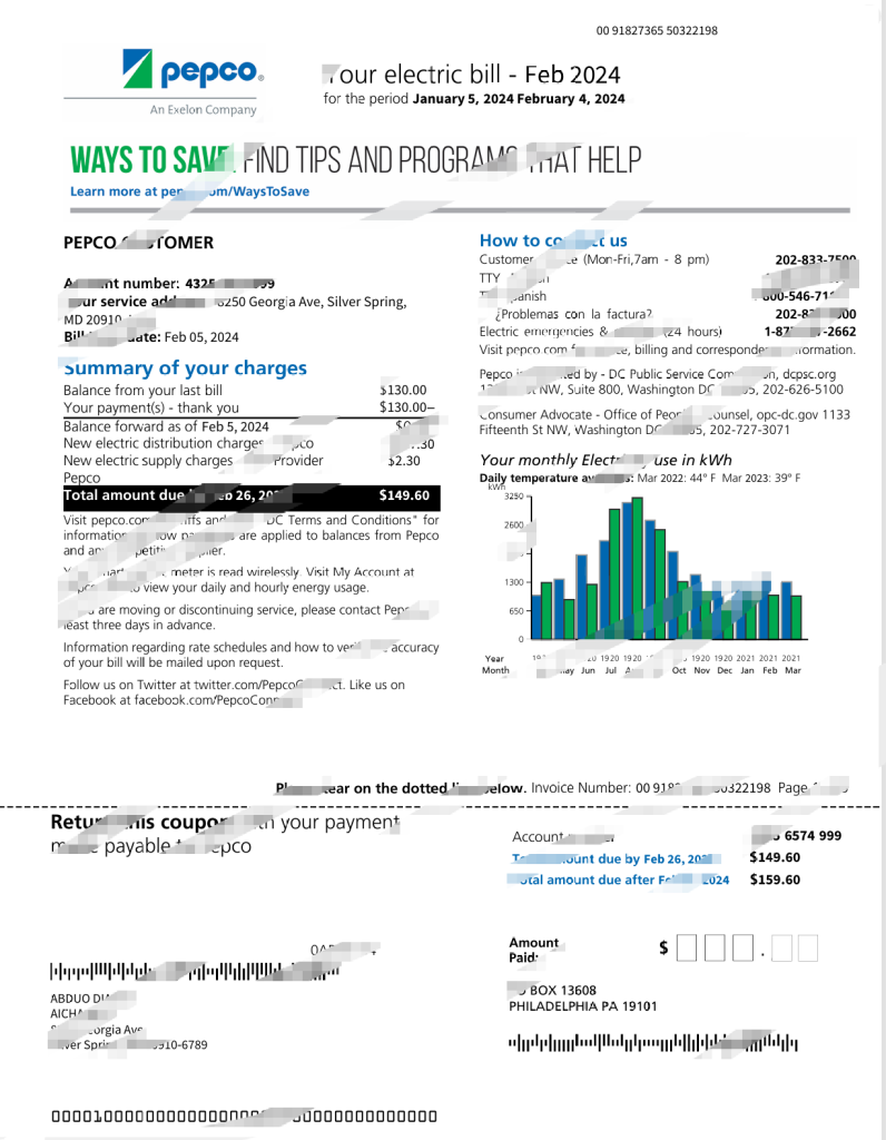 Pepco 电费账单模板（Word 和 PDF 格式）