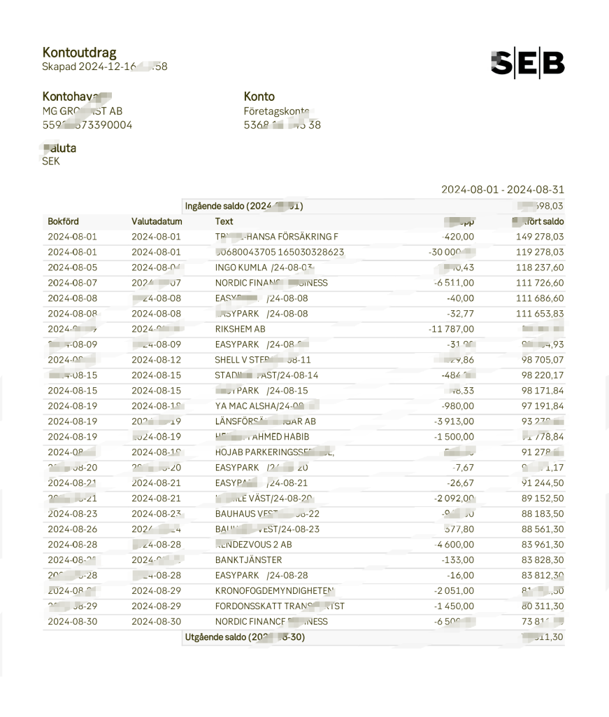 瑞典SEB公司账户报表Word和PDF模板