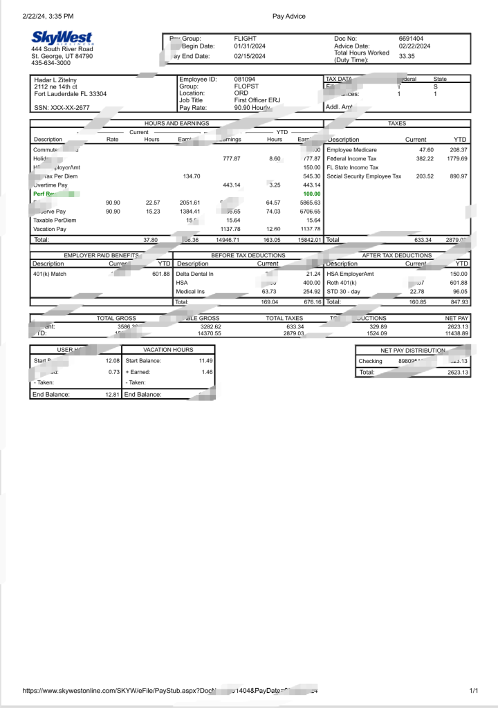 美国SkyWest航空公司工资单Word和PDF模板（17页）