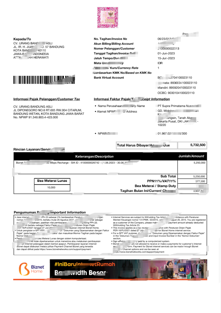 印尼Biznet账单发票Word及PDF模板