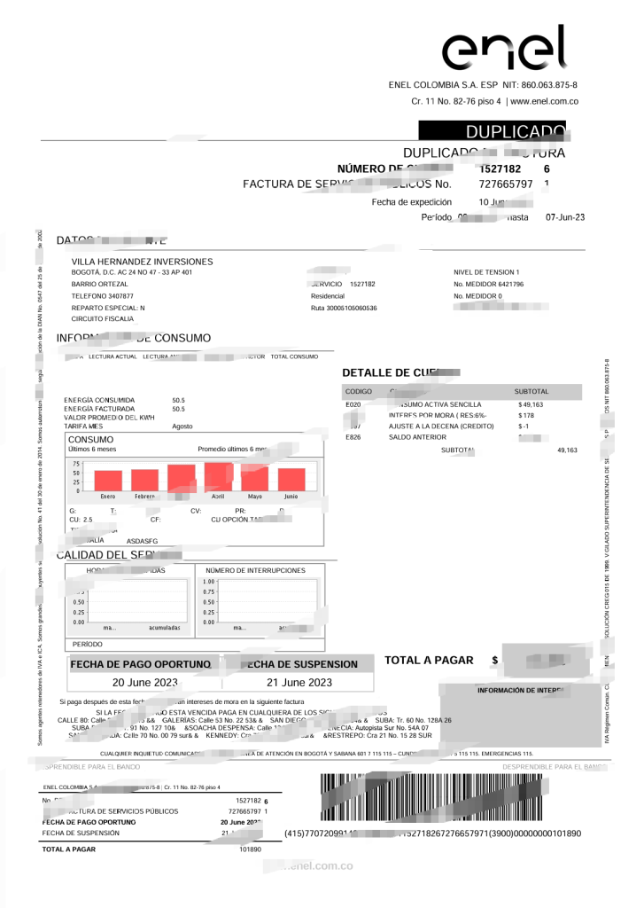 哥伦比亚 Enel 公用事业账单 Word 和 PDF 模板（2 页）