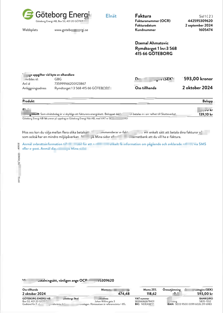 瑞典哥德堡能源公司电费发票 Word 和 PDF 模板（2 页）