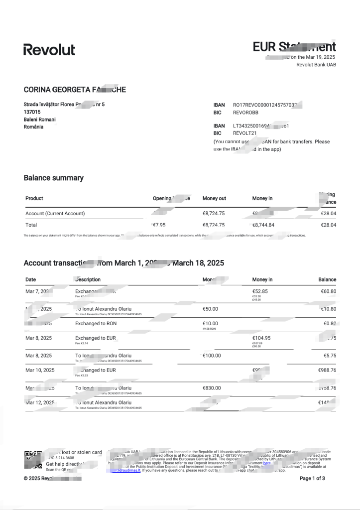 立陶宛 Revolut 银行对账单 Word 和 PDF 模板（11 页）