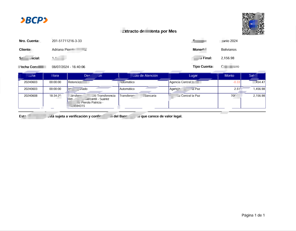 玻利维亚 BCP 银行对账单 Word 和 PDF 模板