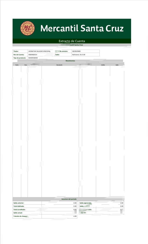 玻利维亚圣克鲁斯商业银行账户报表 Word 和 PDF 模板