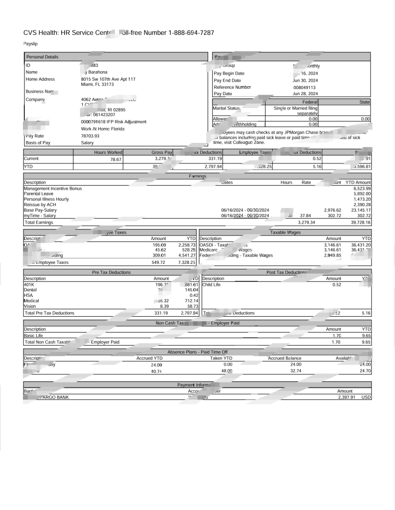 美国 CVS 健康工资单 Word 和 PDF 模板