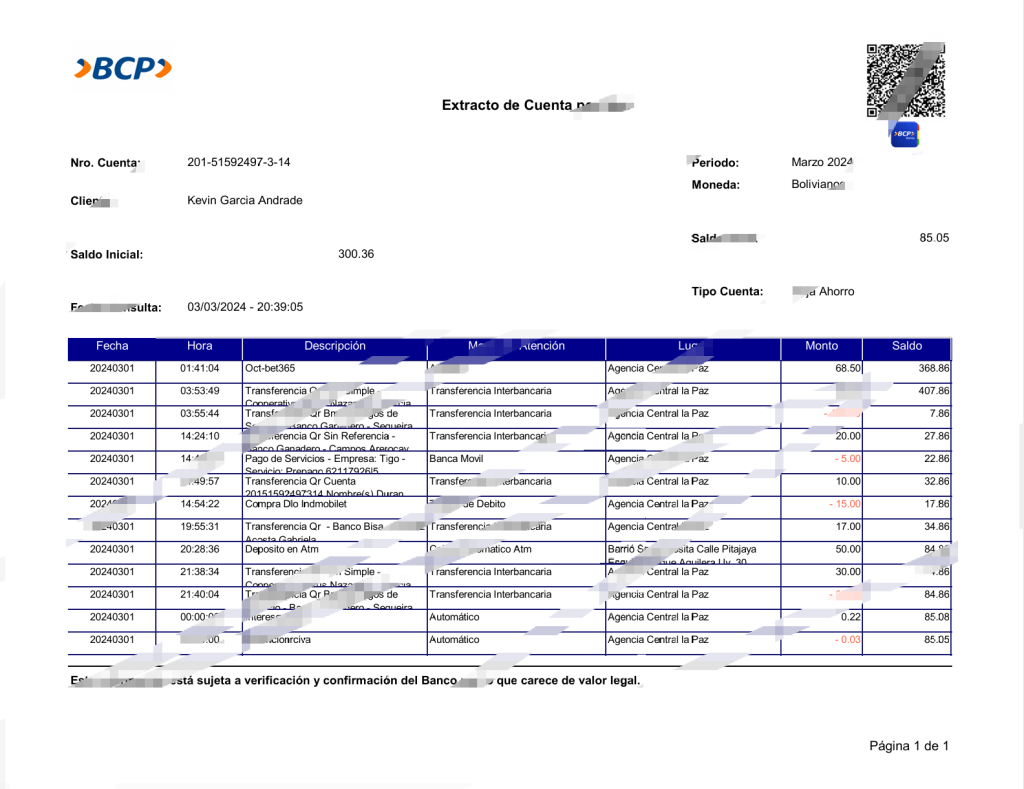 玻利维亚BCP银行对账单模板