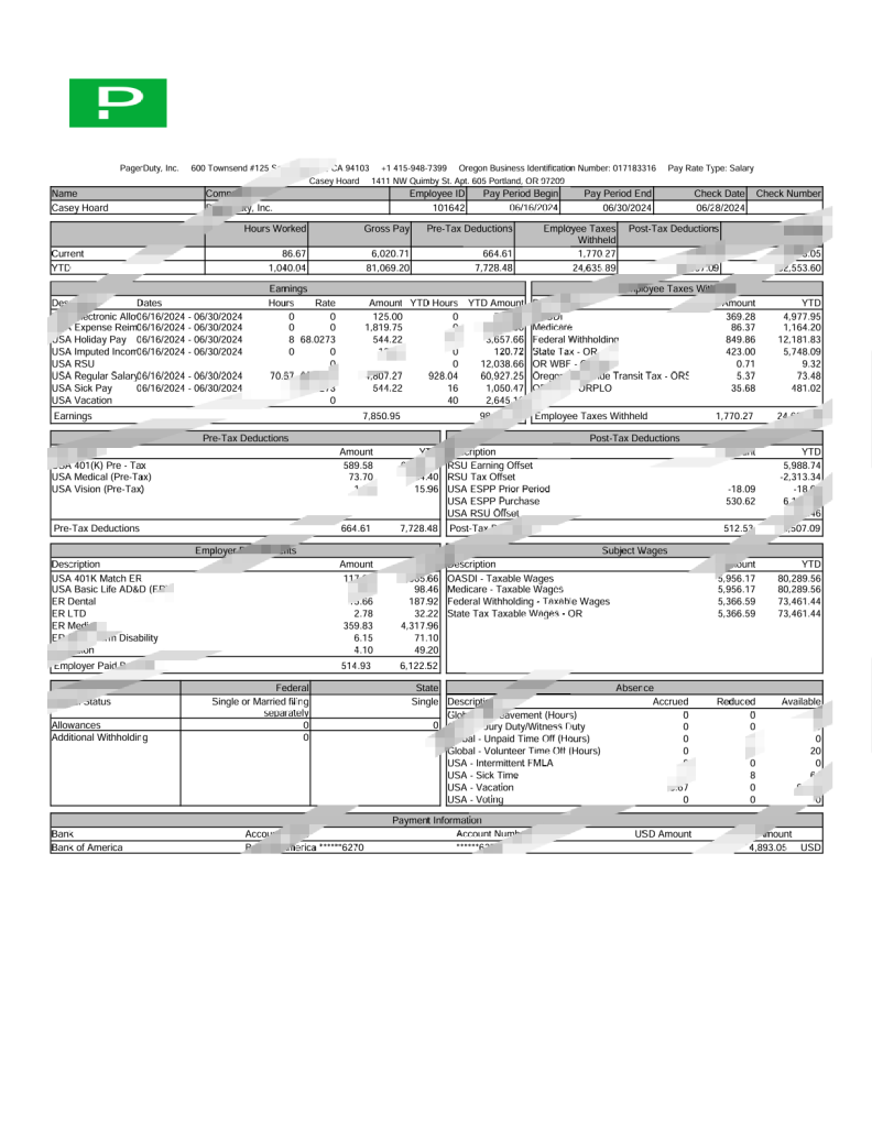 美国PagerDuty Inc工资单Word和PDF模板（2页）