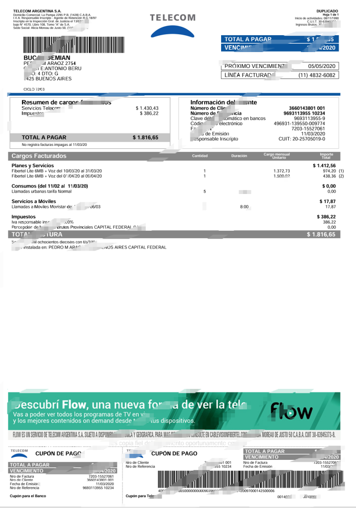阿根廷电信公用事业账单Word和PDF模板（2页）