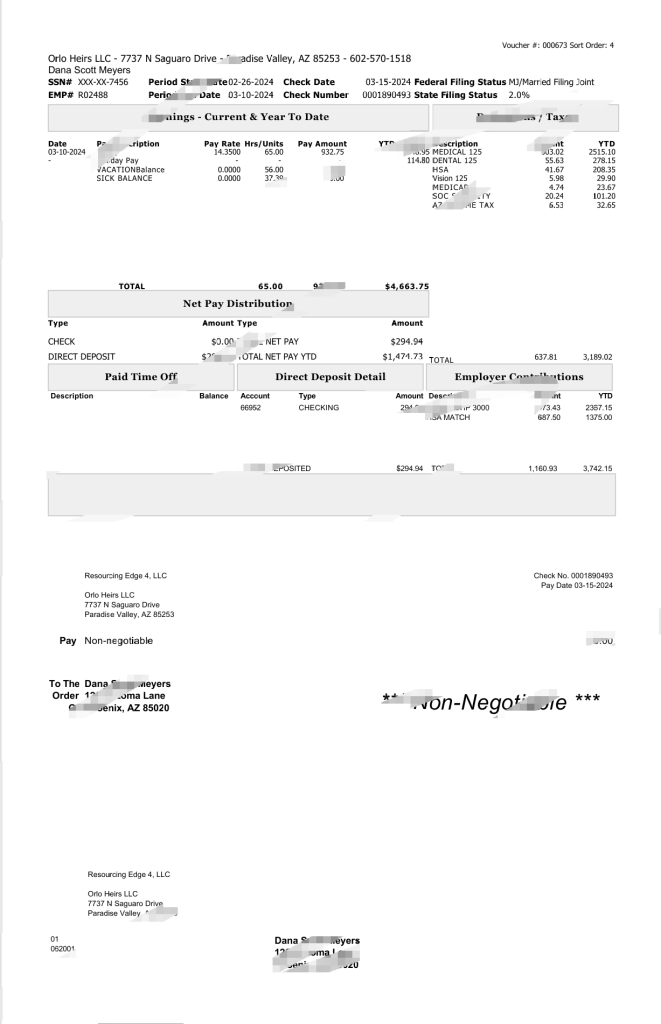 美国 Orlo Heirs LLC 工资单 Word 和 PDF 模板