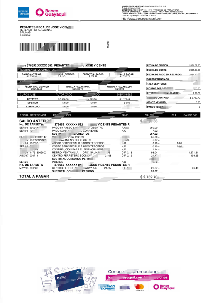 厄瓜多尔瓜亚基尔银行信用卡账单 Word 和 PDF 模板（2 页）
